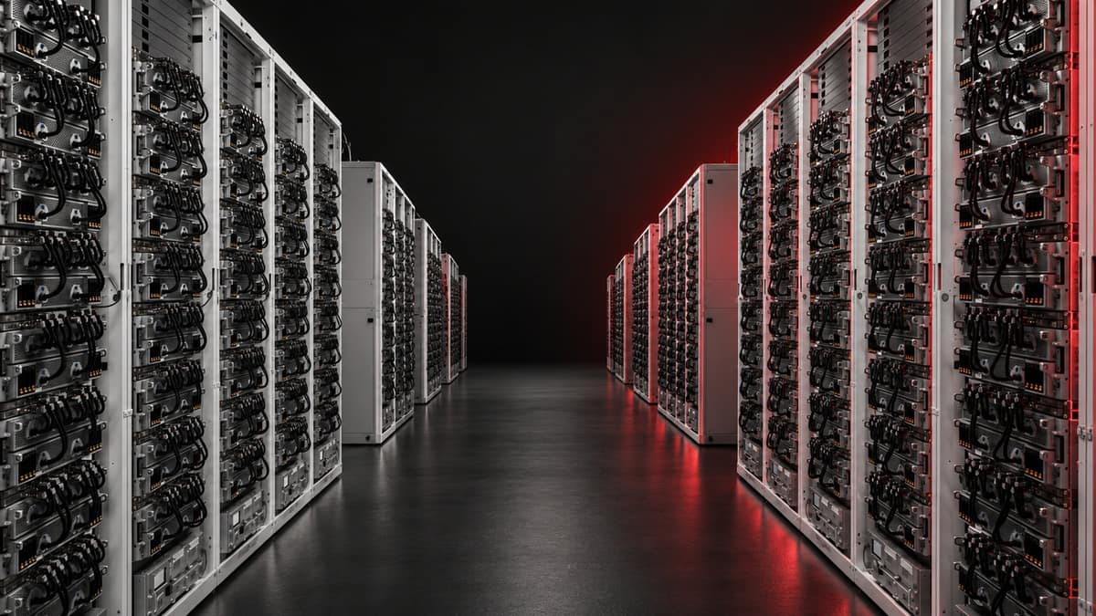 Um corredor entre fileiras de racks de servidores com iluminação vermelha em um data center.